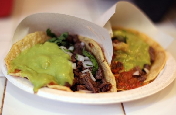 Two carne asada tacos from Los Tacos No. 1