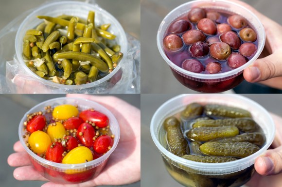 Pickled string beans, Greek olives, grape tomatoes, and