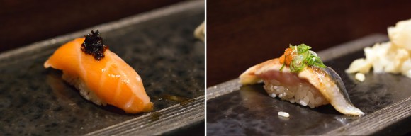 Salmon and an unidentified piece of sushi from Sushi Katsuei