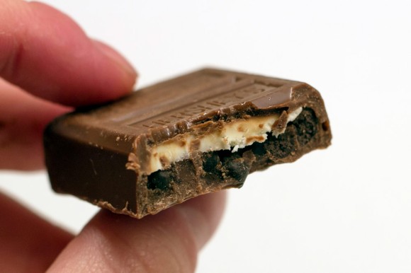 The inside of a vanilla créme Hershey's Cookie Layer Crunch bar