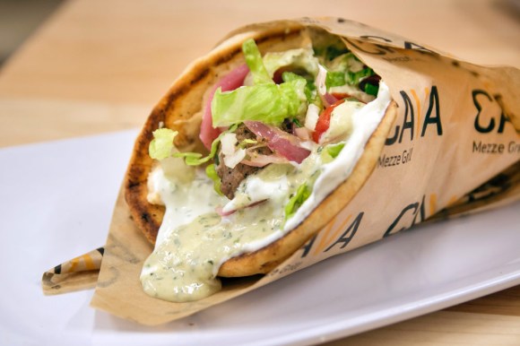 A nut-freemeatball-and-falafel pita from Cava Grill