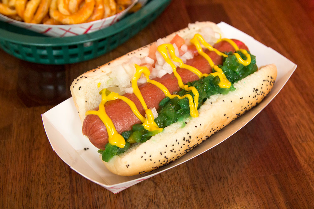 A hot dog from Hank's Juicy Beef